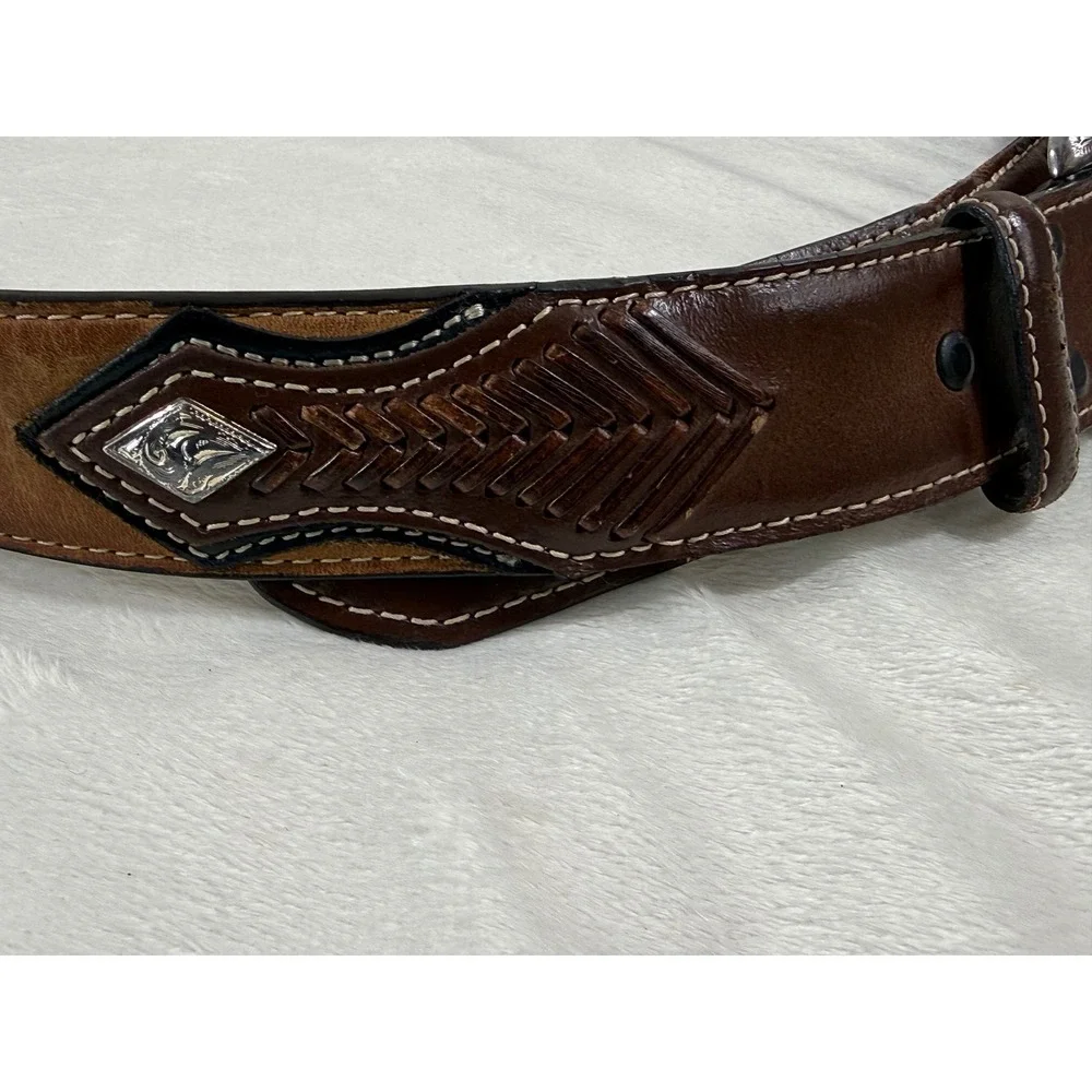 Nocona Western Leather Belt Men's Size 40 Brown Tooled Engraved Buckle